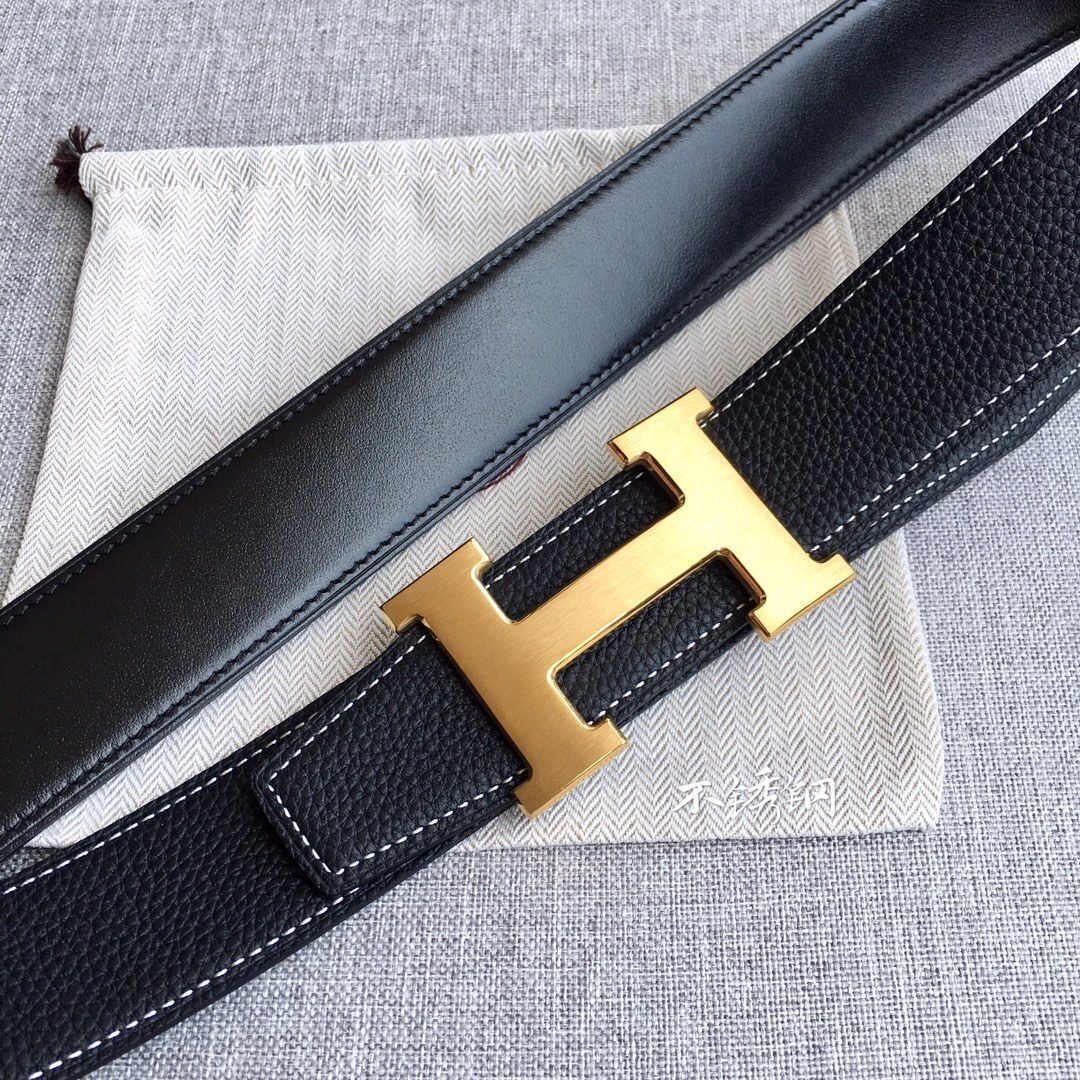 Hermes 3.8cm Togo Leather Reversible Belt with Gold H Buckle
