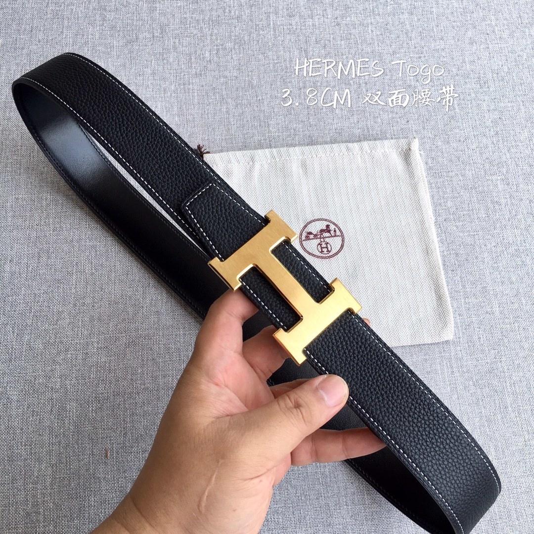Hermes 3.8cm Togo Leather Reversible Belt with Gold H Buckle