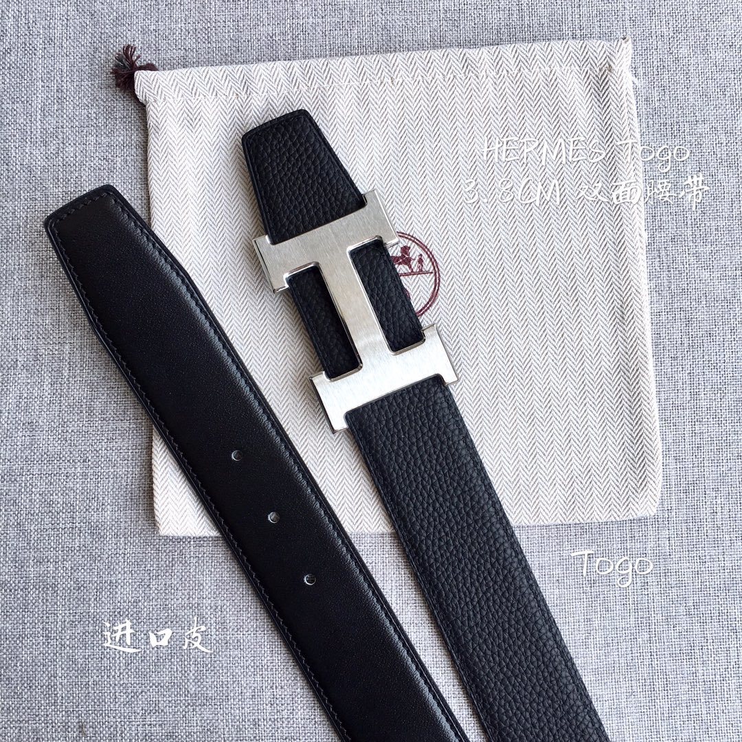 Hermes Togo Leather Reversible Belt 3.8cm with Silver H Buckle