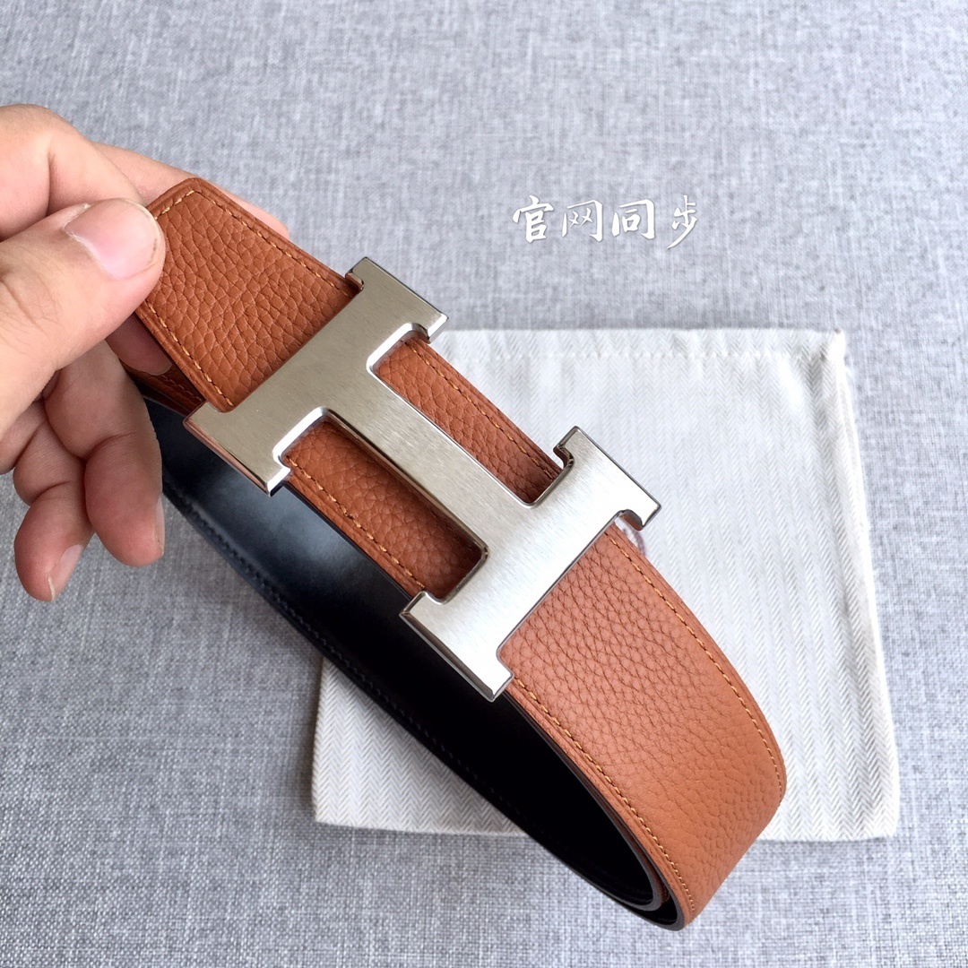 Hermes 3.8cm Togo Reversible Leather Belt with Silver H Buckle