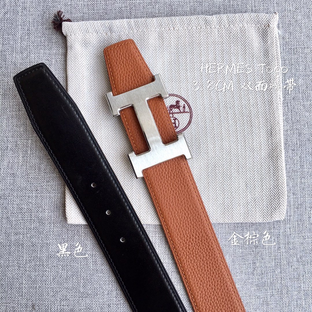 Hermes 3.8cm Togo Reversible Leather Belt with Silver H Buckle