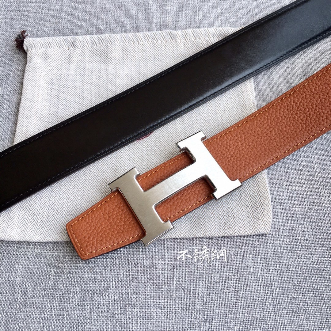 Hermes 3.8cm Togo Reversible Leather Belt with Silver H Buckle