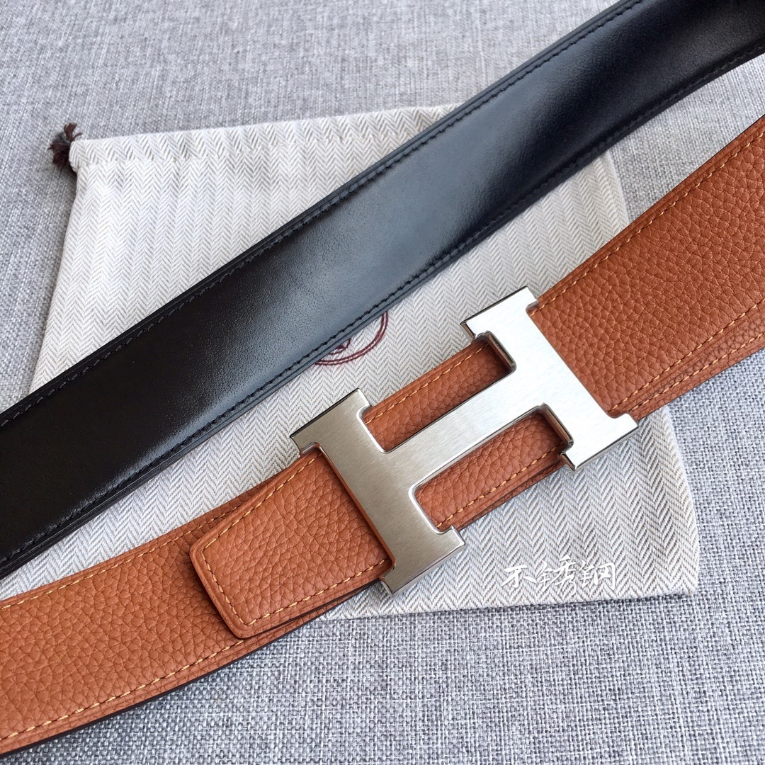 Hermes 3.8cm Togo Reversible Leather Belt with Silver H Buckle