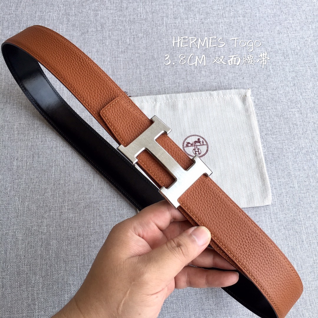 Hermes 3.8cm Togo Reversible Leather Belt with Silver H Buckle