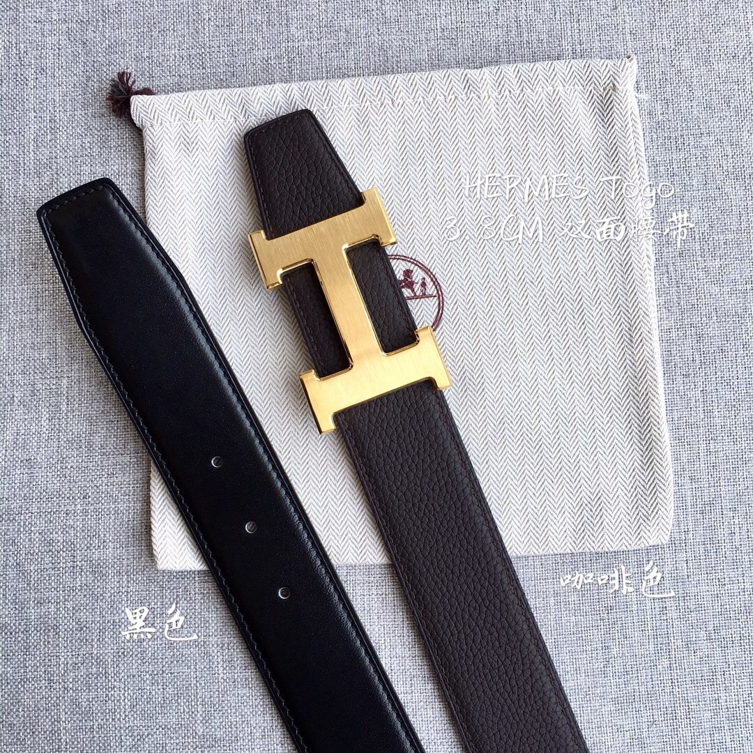 Hermes Togo Leather Reversible Belt 3.8cm with Gold H Buckle