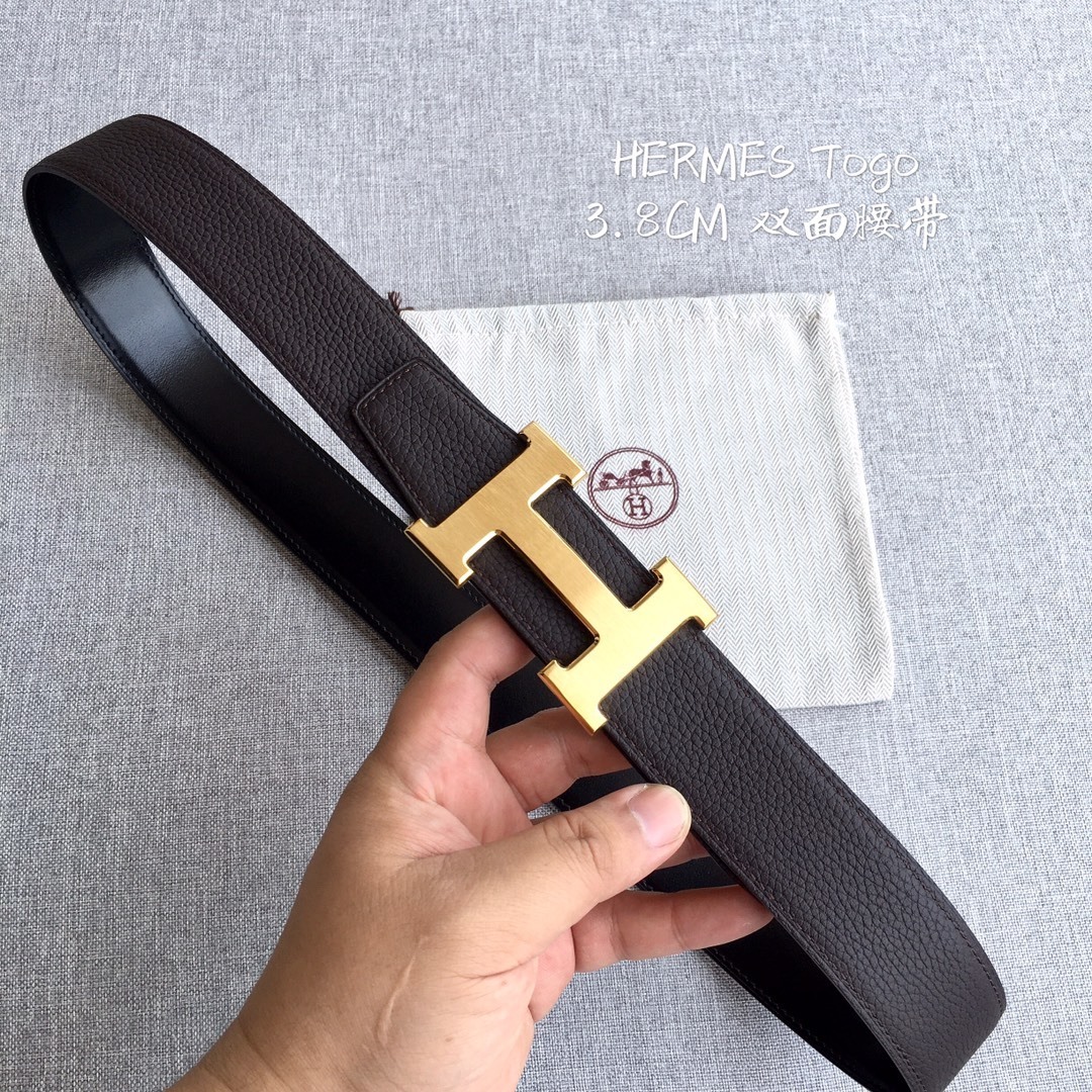 Hermes Togo Leather Reversible Belt 3.8cm with Gold H Buckle