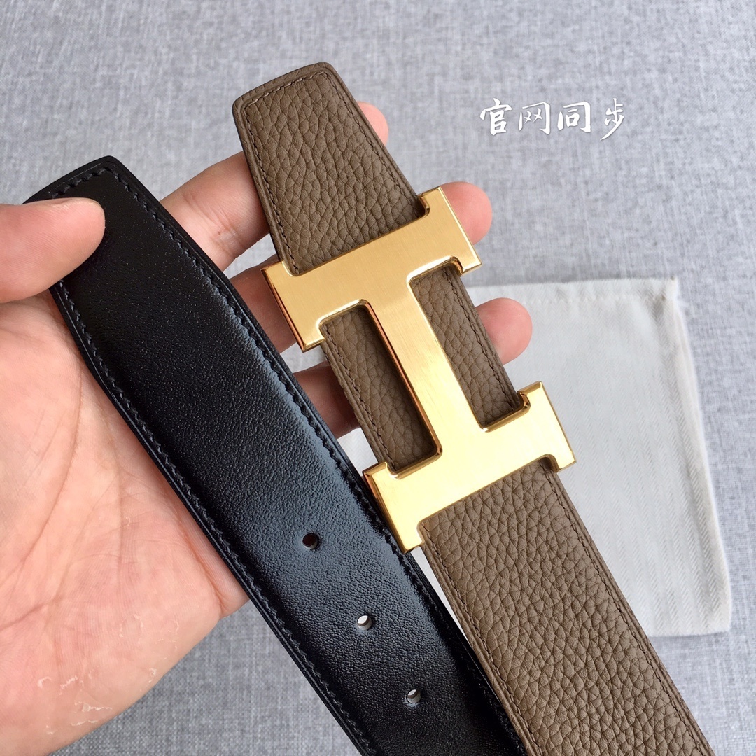 Hermes Togo 3.8cm Reversible Leather Belt with Gold H Buckle