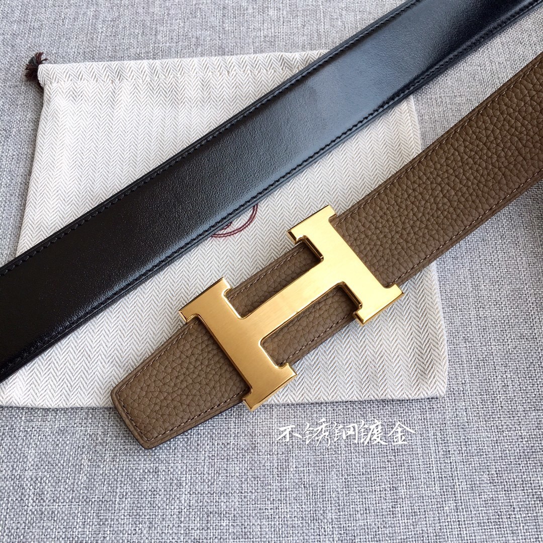 Hermes Togo 3.8cm Reversible Leather Belt with Gold H Buckle