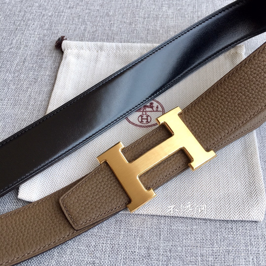 Hermes Togo 3.8cm Reversible Leather Belt with Gold H Buckle