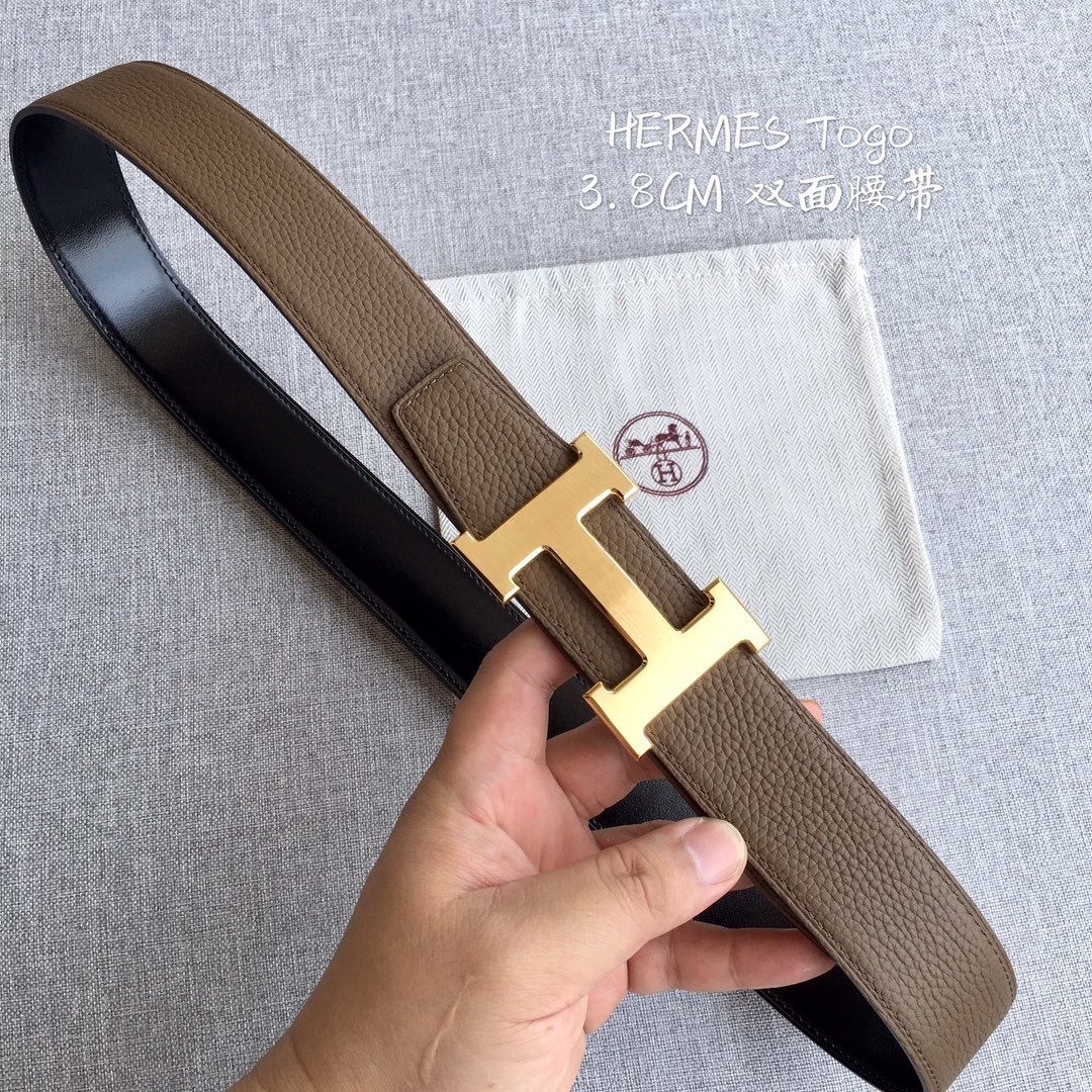 Hermes Togo 3.8cm Reversible Leather Belt with Gold H Buckle