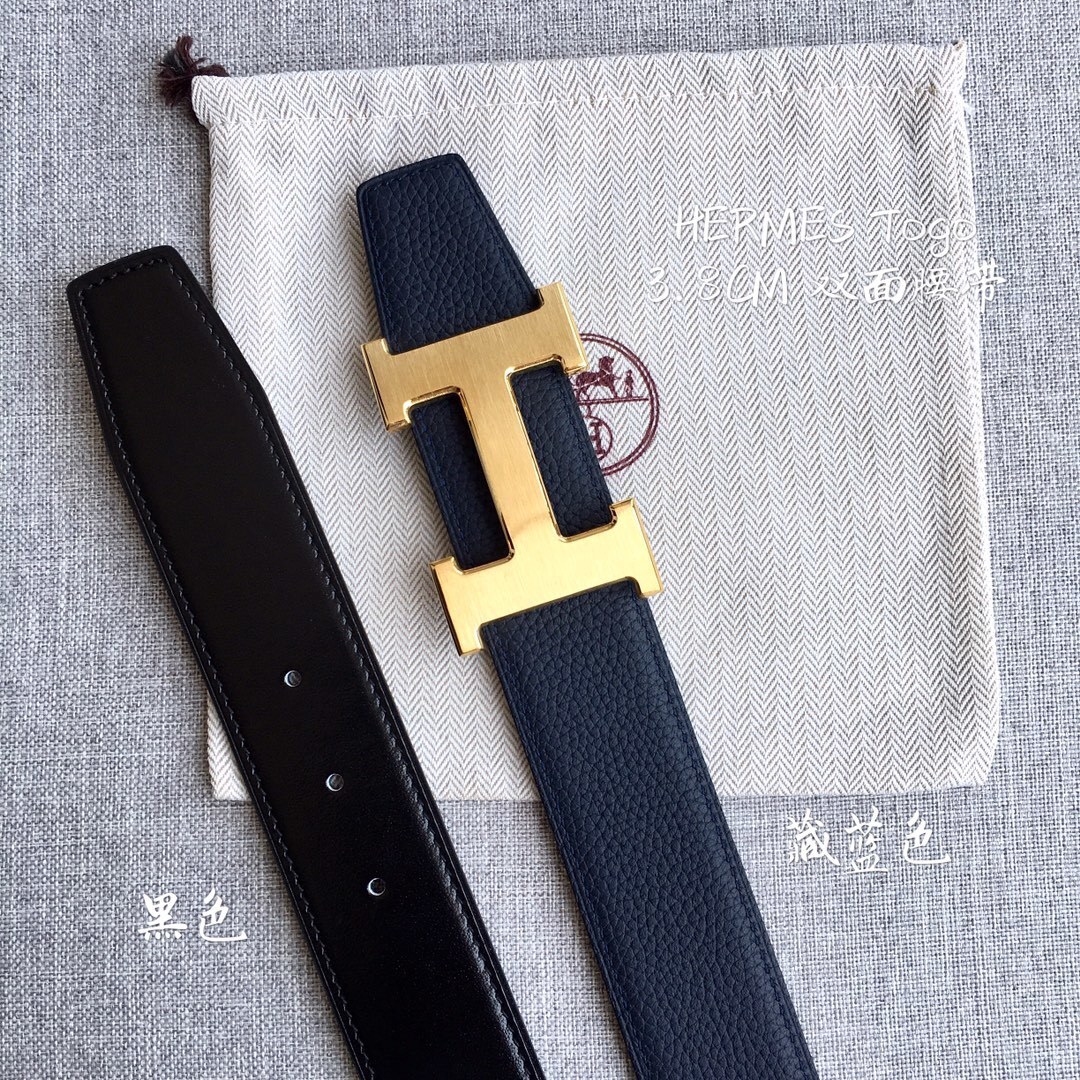 Hermes Togo Leather 3.8cm Reversible Belt with Gold H Buckle