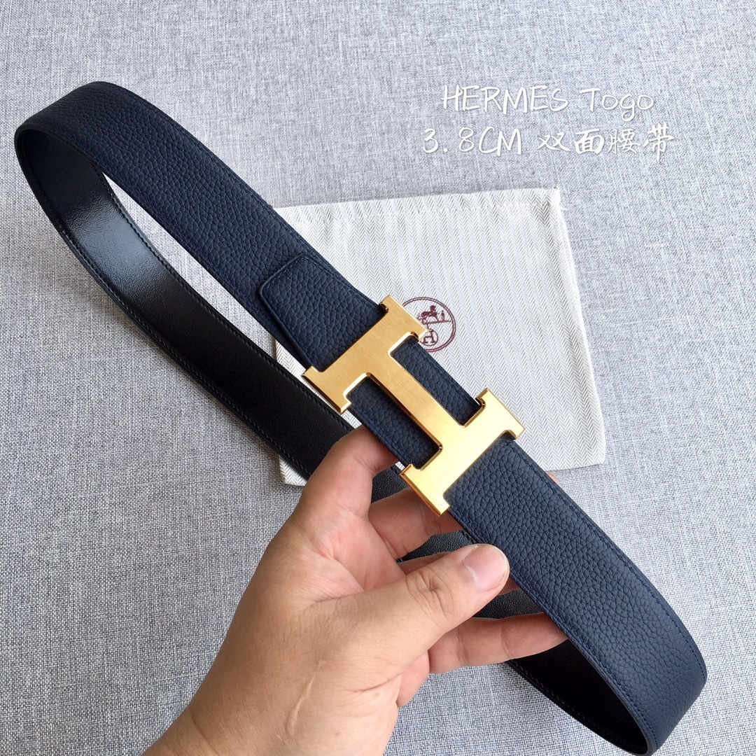 Hermes Togo Leather 3.8cm Reversible Belt with Gold H Buckle
