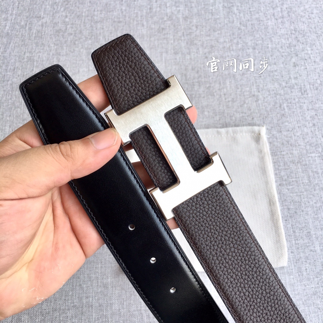 Premium 3.8cm Togo Leather Reversible Belt with Silver H Buckle
