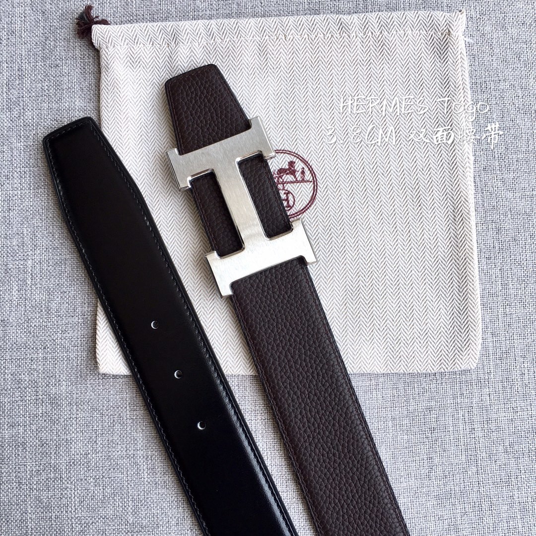 Premium 3.8cm Togo Leather Reversible Belt with Silver H Buckle