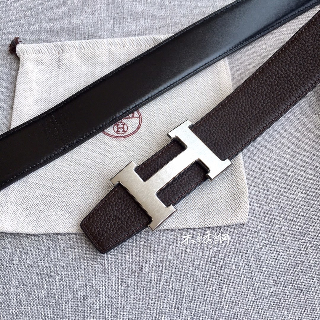 Premium 3.8cm Togo Leather Reversible Belt with Silver H Buckle