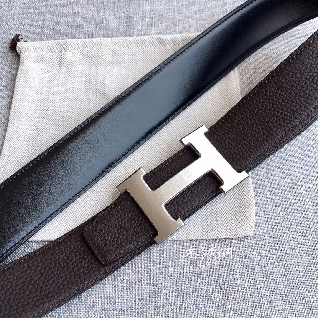 Premium 3.8cm Togo Leather Reversible Belt with Silver H Buckle