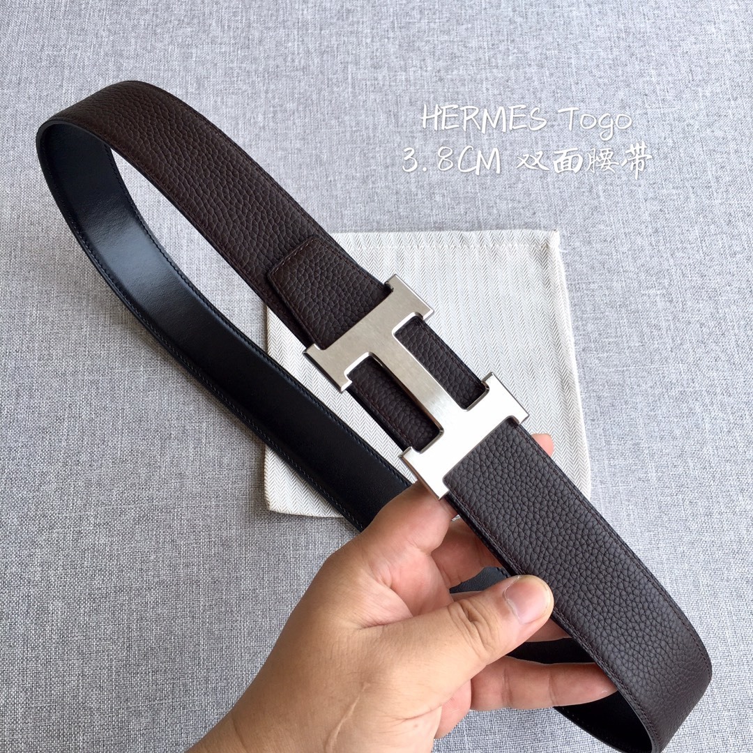 Premium 3.8cm Togo Leather Reversible Belt with Silver H Buckle