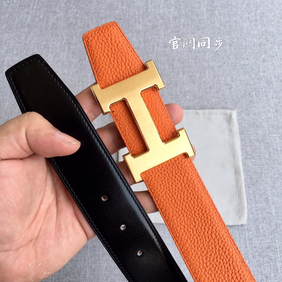 Hermes 3.8cm Togo Leather Reversible Belt with Gold H Buckle