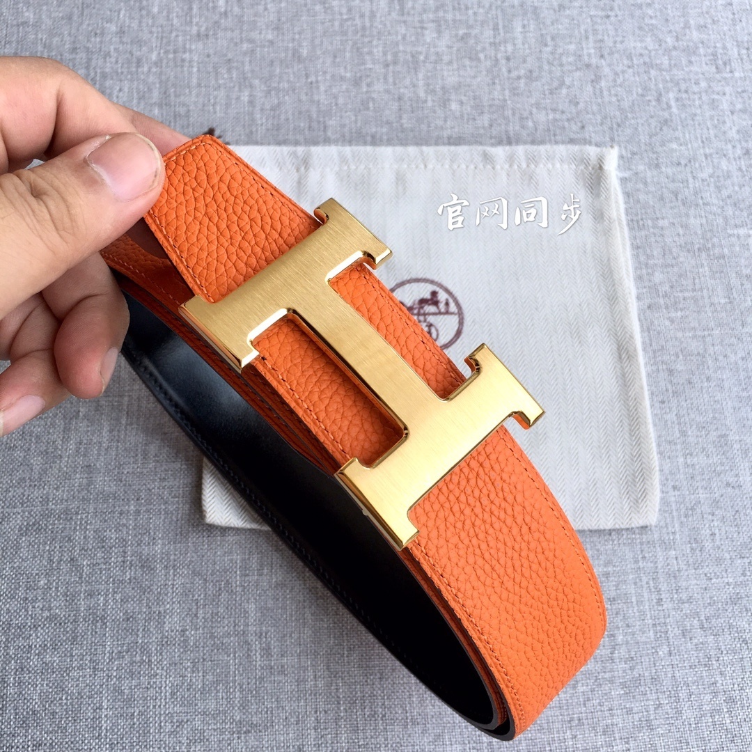 Hermes 3.8cm Togo Leather Reversible Belt with Gold H Buckle