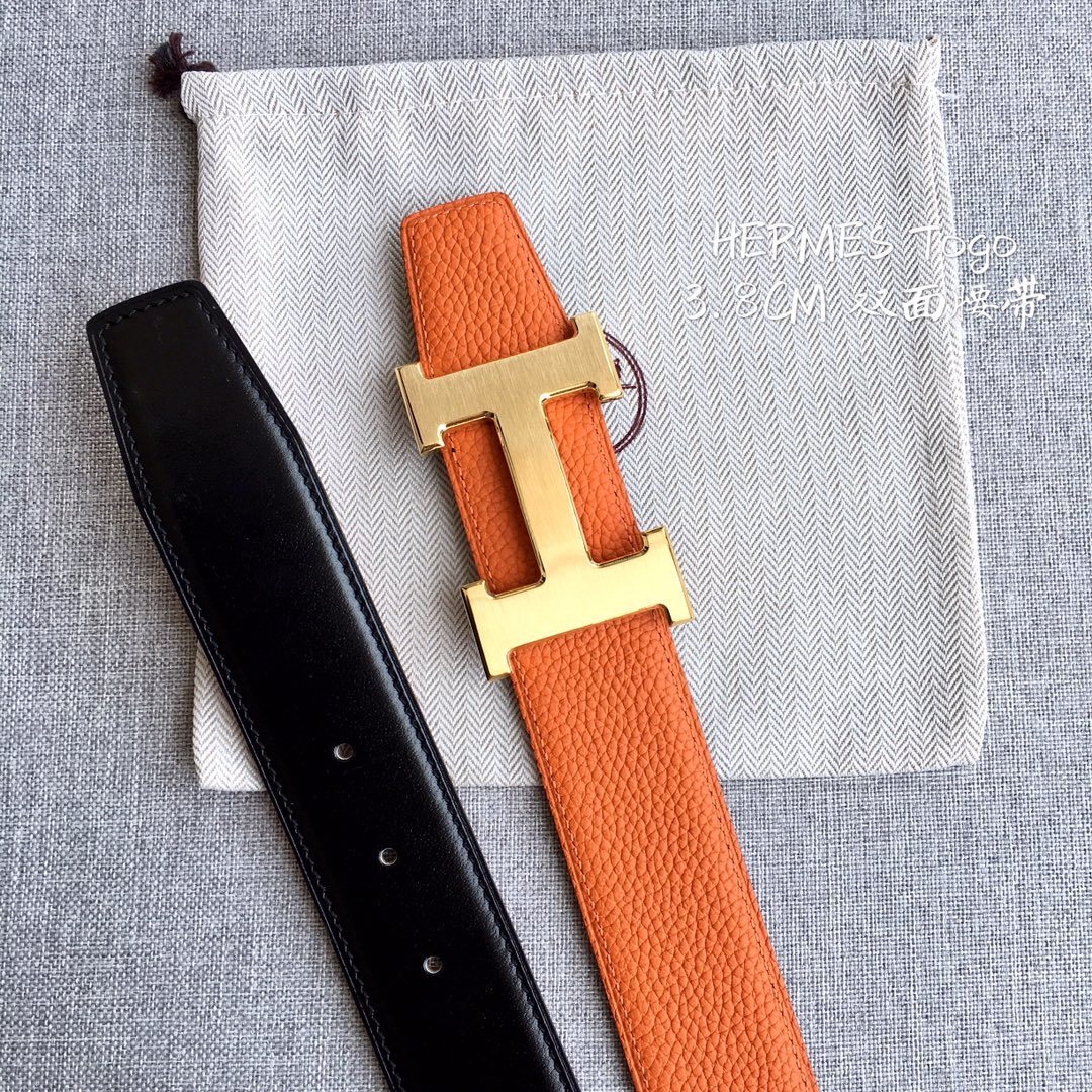 Hermes 3.8cm Togo Leather Reversible Belt with Gold H Buckle