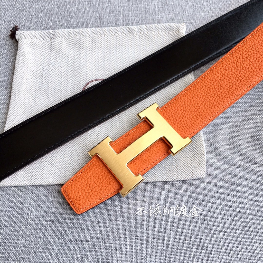 Hermes 3.8cm Togo Leather Reversible Belt with Gold H Buckle