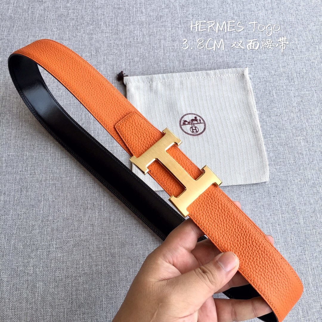 Hermes 3.8cm Togo Leather Reversible Belt with Gold H Buckle