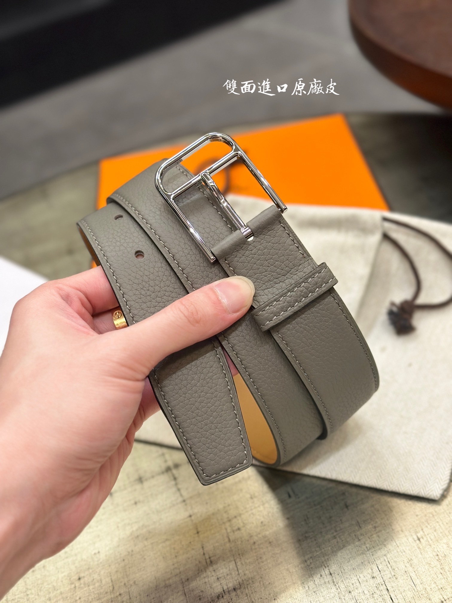 Hermès Romain 35 Belt in Grey Leather with Silver Buckle