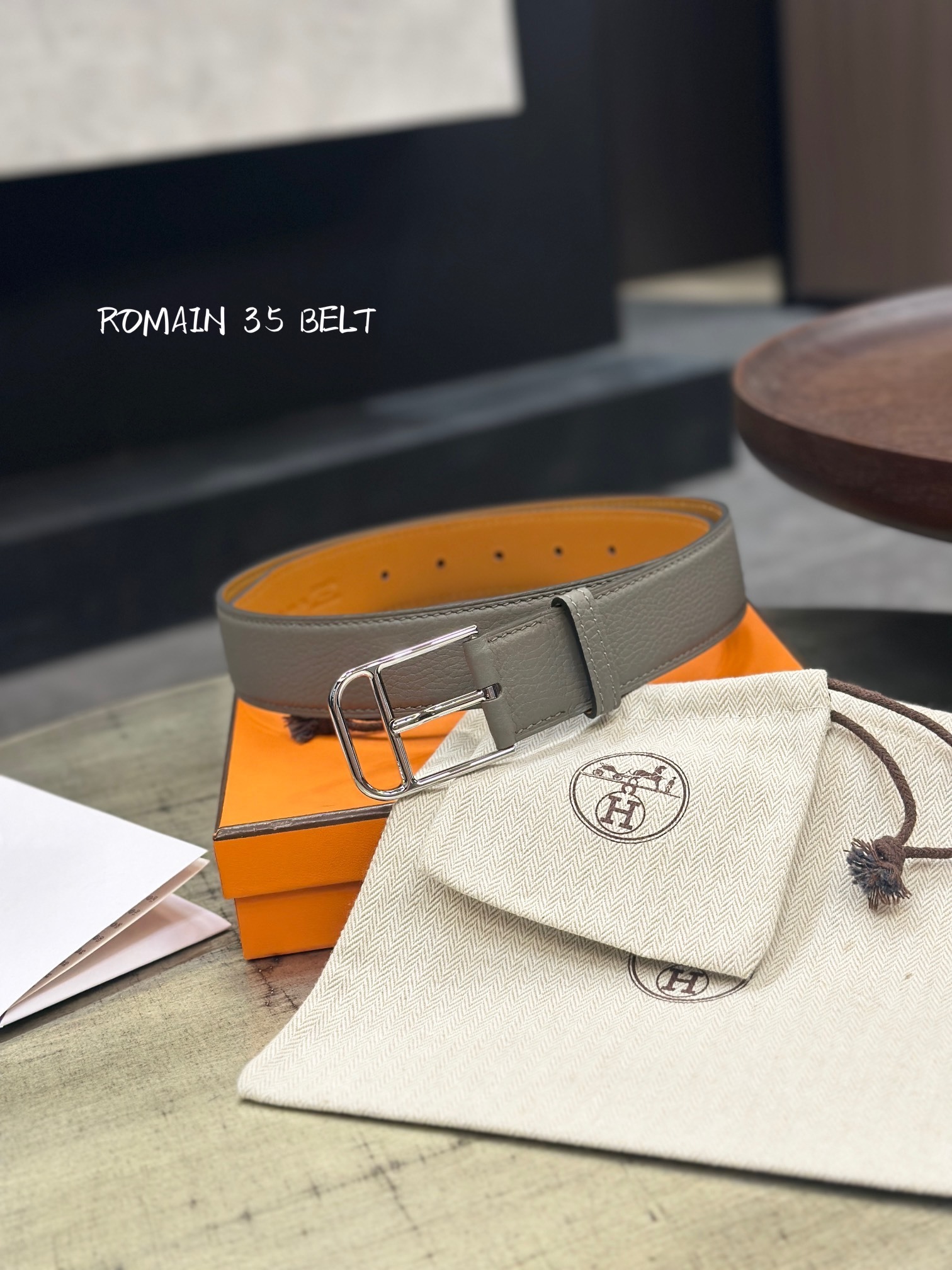 Hermès Romain 35 Belt in Grey Leather with Silver Buckle