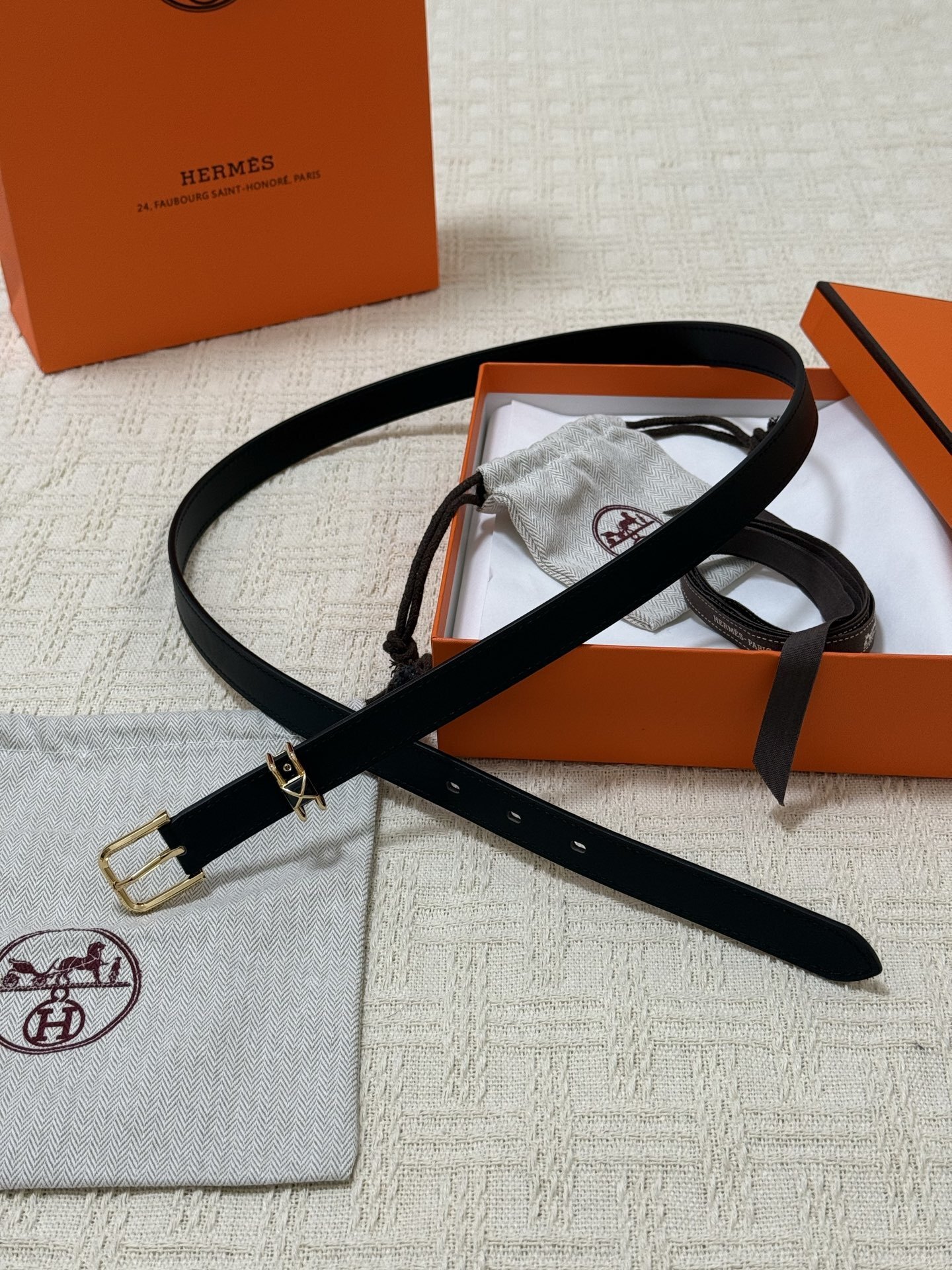 Hermes Slim Black Leather Belt for Women with Gold-Tone Buckle
