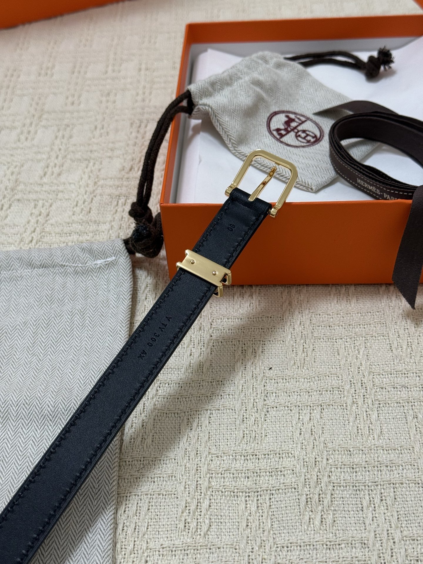 Hermes Slim Black Leather Belt for Women with Gold-Tone Buckle