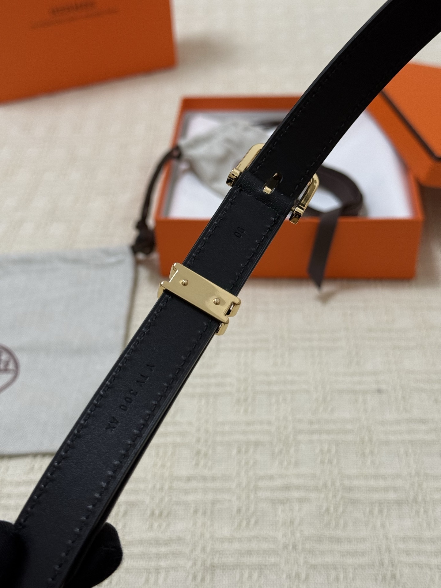 Hermes Slim Black Leather Belt for Women with Gold-Tone Buckle