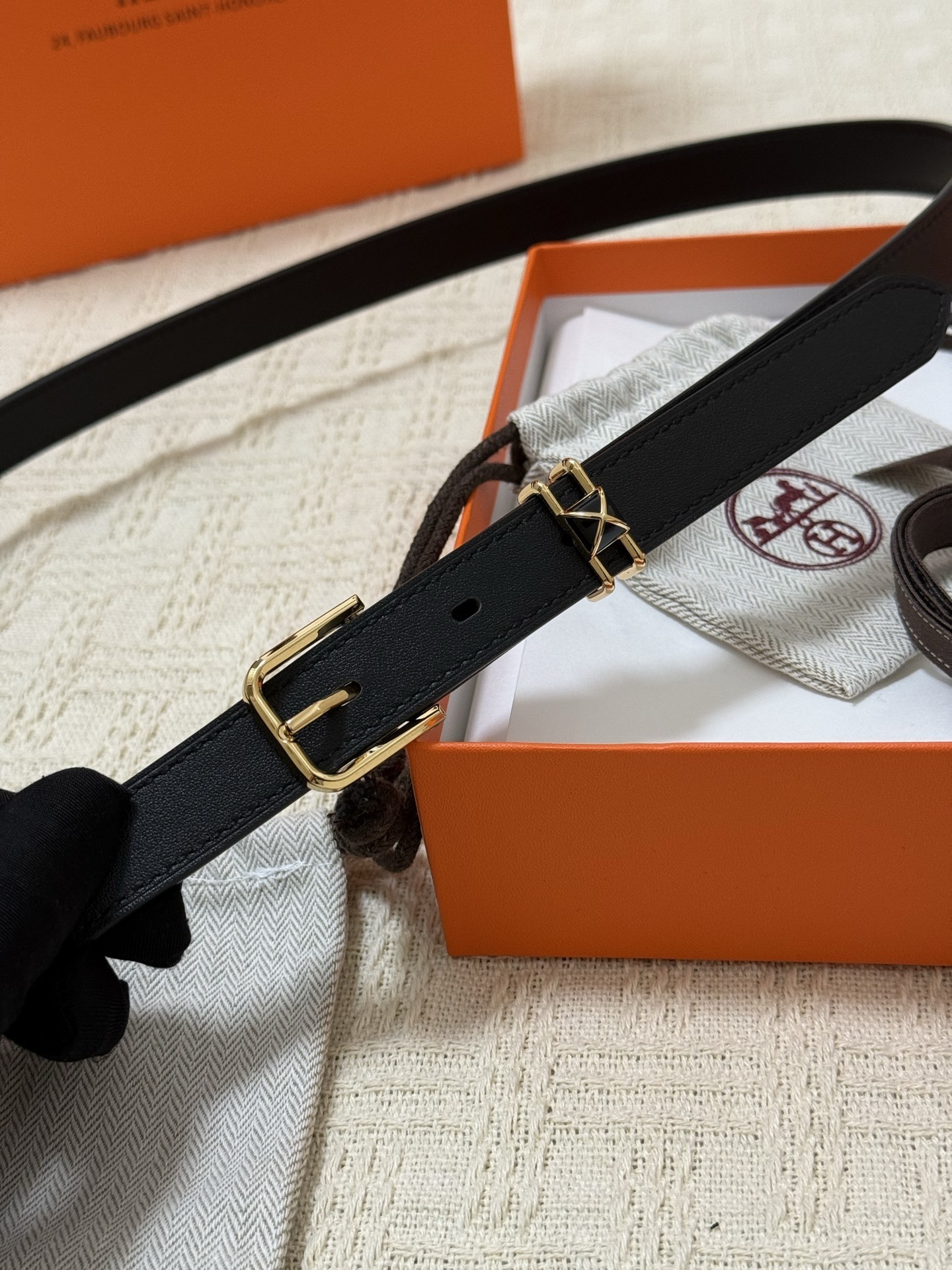 Hermes Slim Black Leather Belt for Women with Gold-Tone Buckle