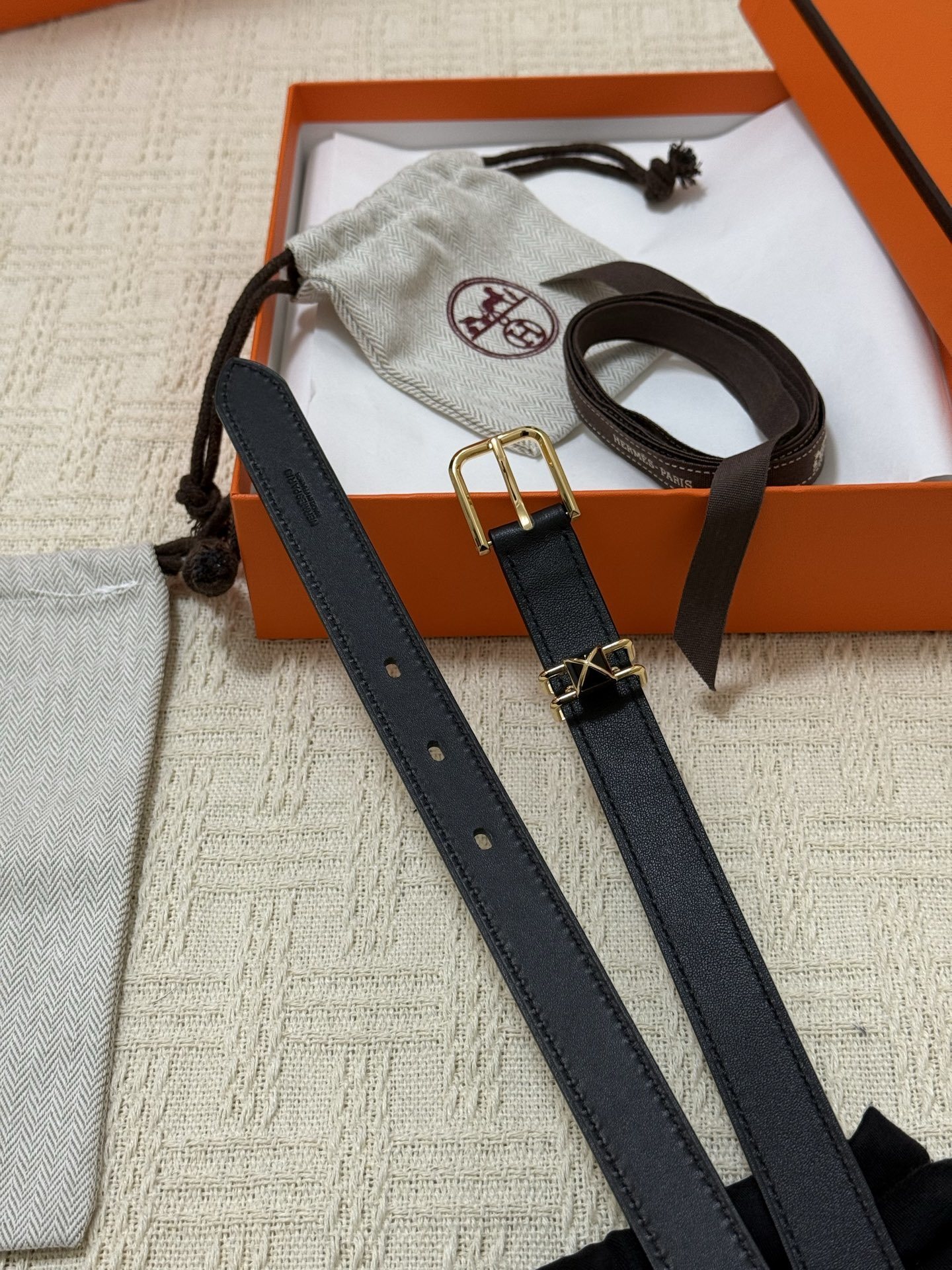 Hermes Slim Black Leather Belt for Women with Gold-Tone Buckle