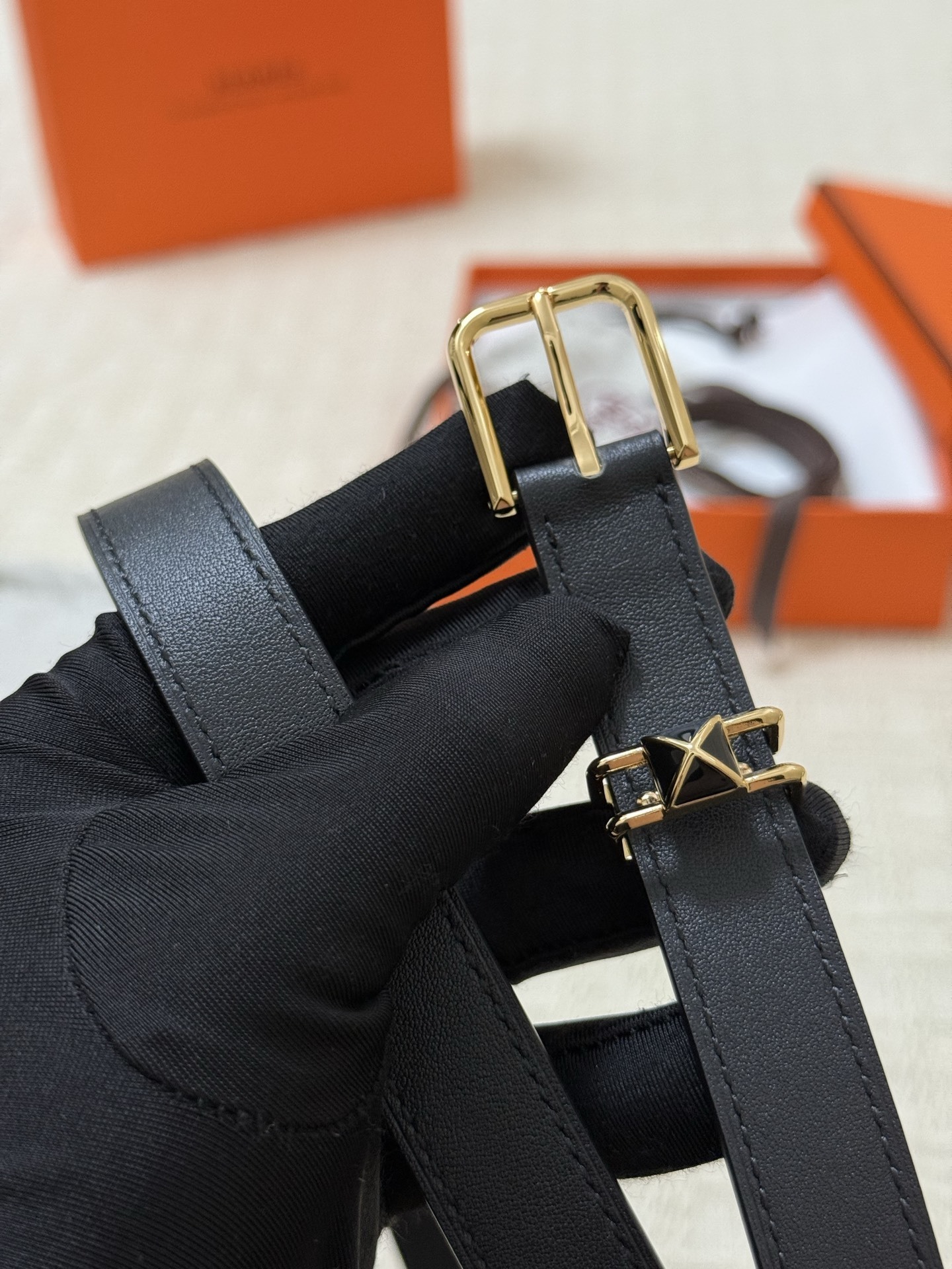 Hermes Slim Black Leather Belt for Women with Gold-Tone Buckle