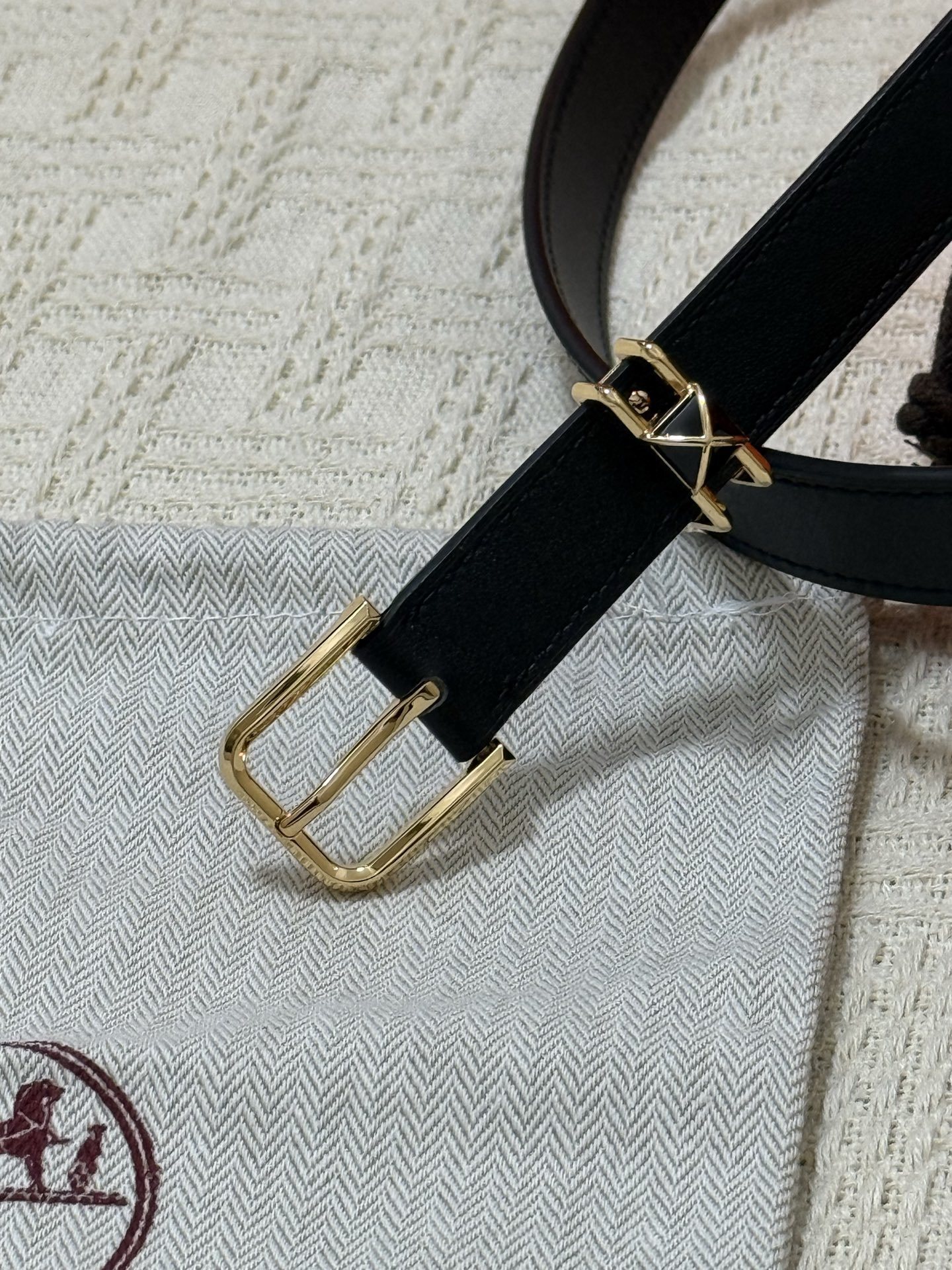 Hermes Slim Black Leather Belt for Women with Gold-Tone Buckle