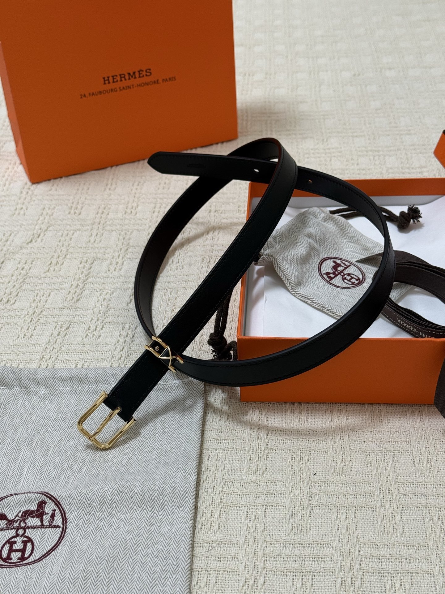 Hermes Slim Black Leather Belt for Women with Gold-Tone Buckle