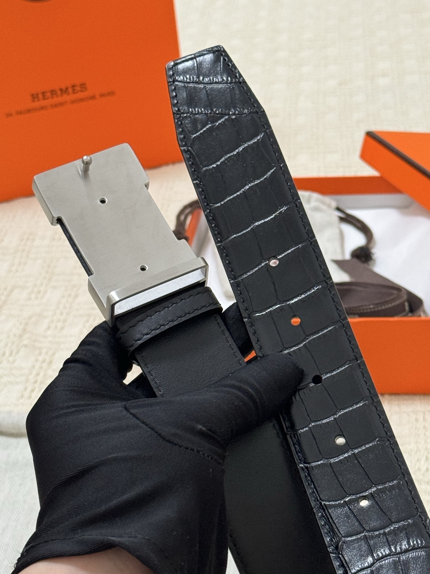 Hermès H Buckle Belt - Black Alligator Leather with Engraved Buckle