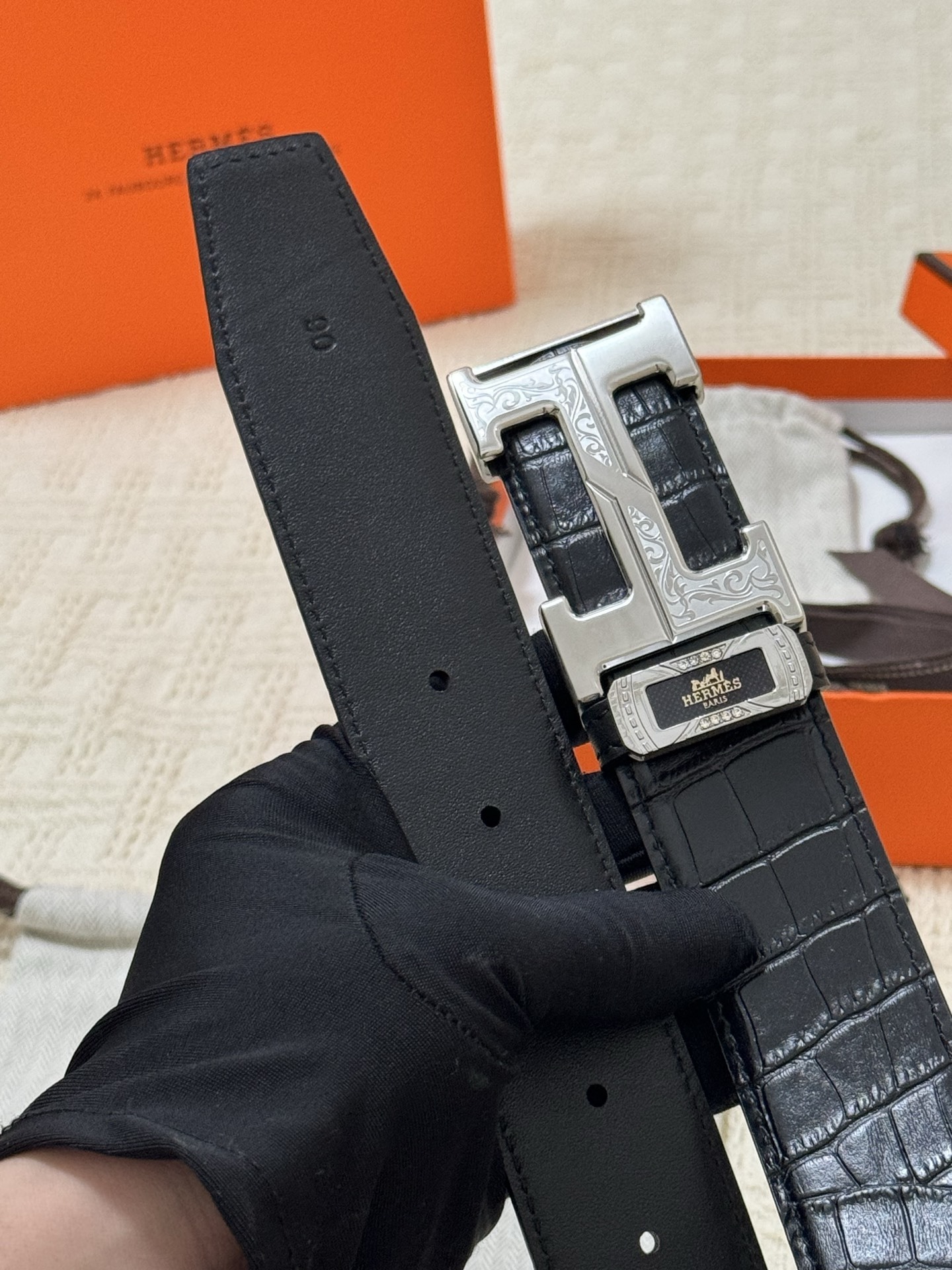 Hermès H Buckle Belt - Black Alligator Leather with Engraved Buckle