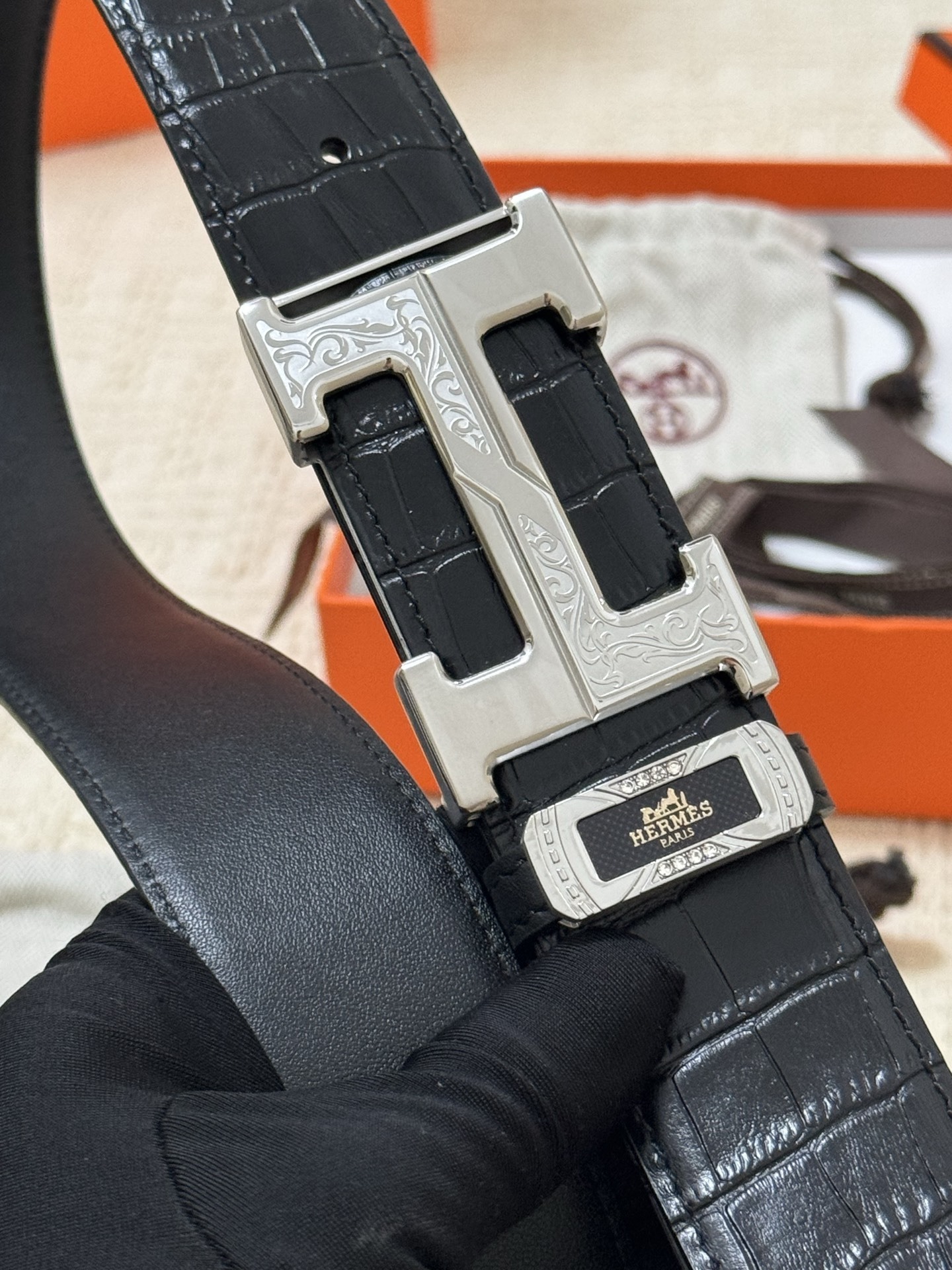 Hermès H Buckle Belt - Black Alligator Leather with Engraved Buckle