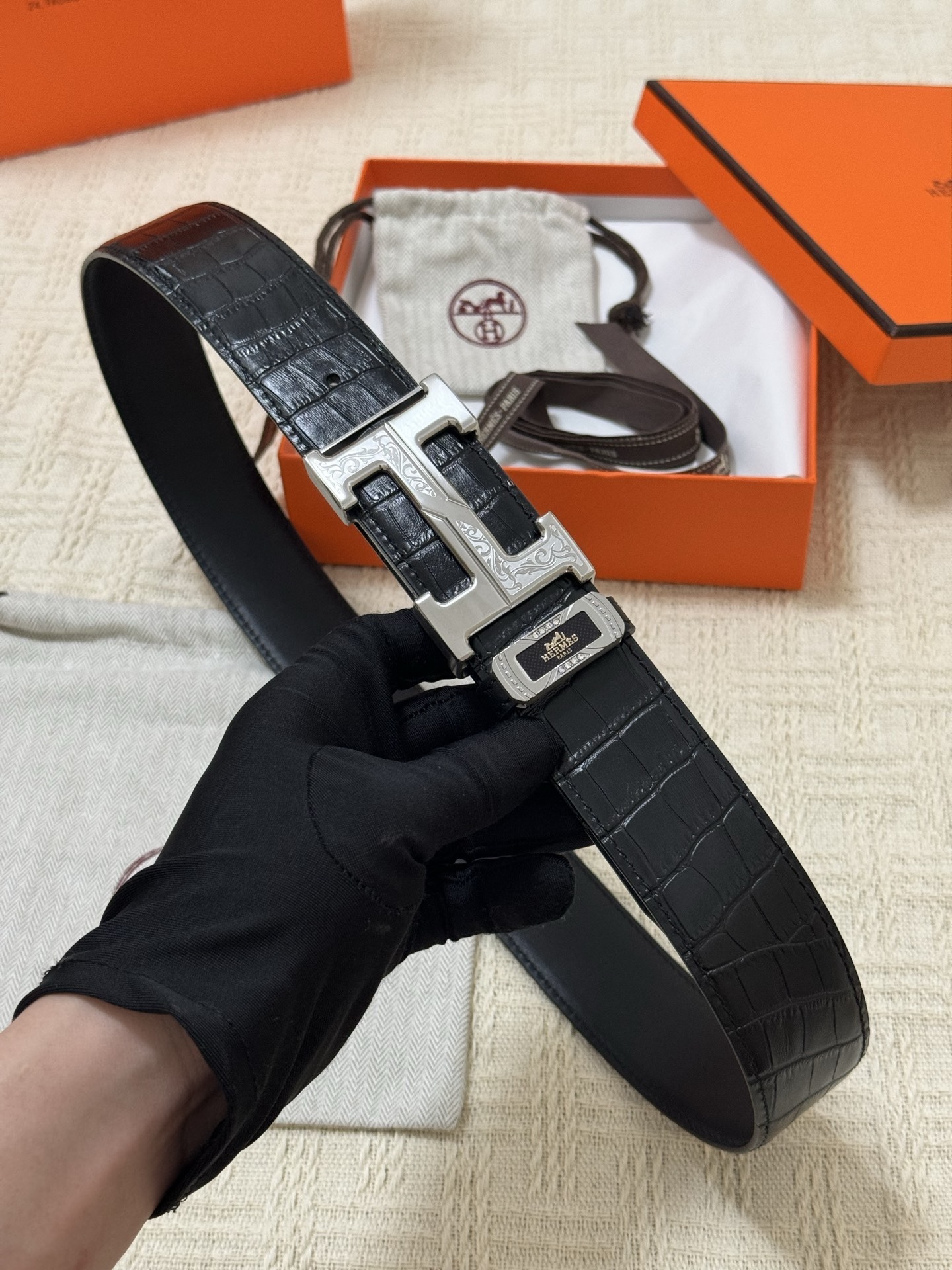 Hermès H Buckle Belt - Black Alligator Leather with Engraved Buckle