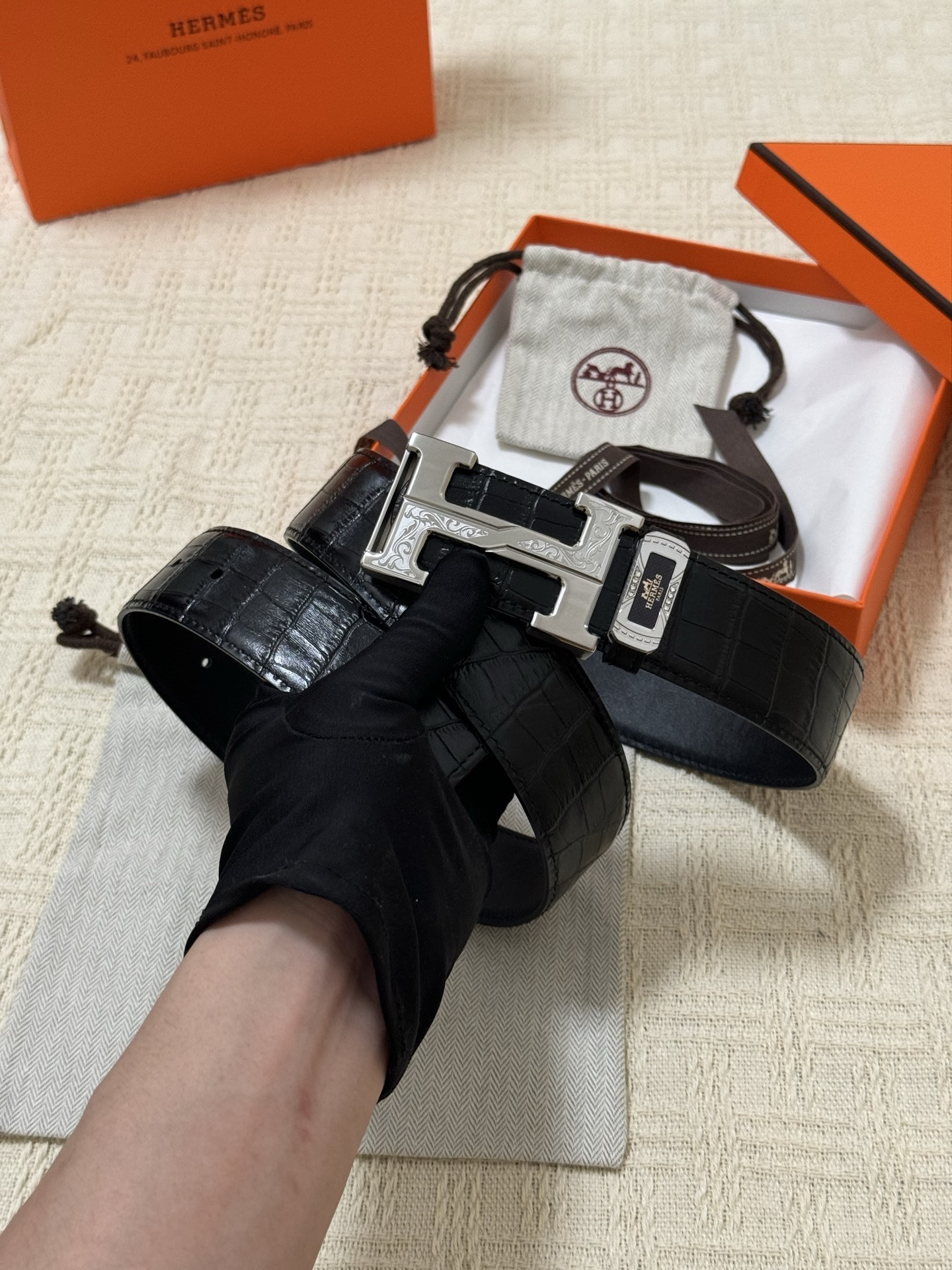 Hermès H Buckle Belt - Black Alligator Leather with Engraved Buckle