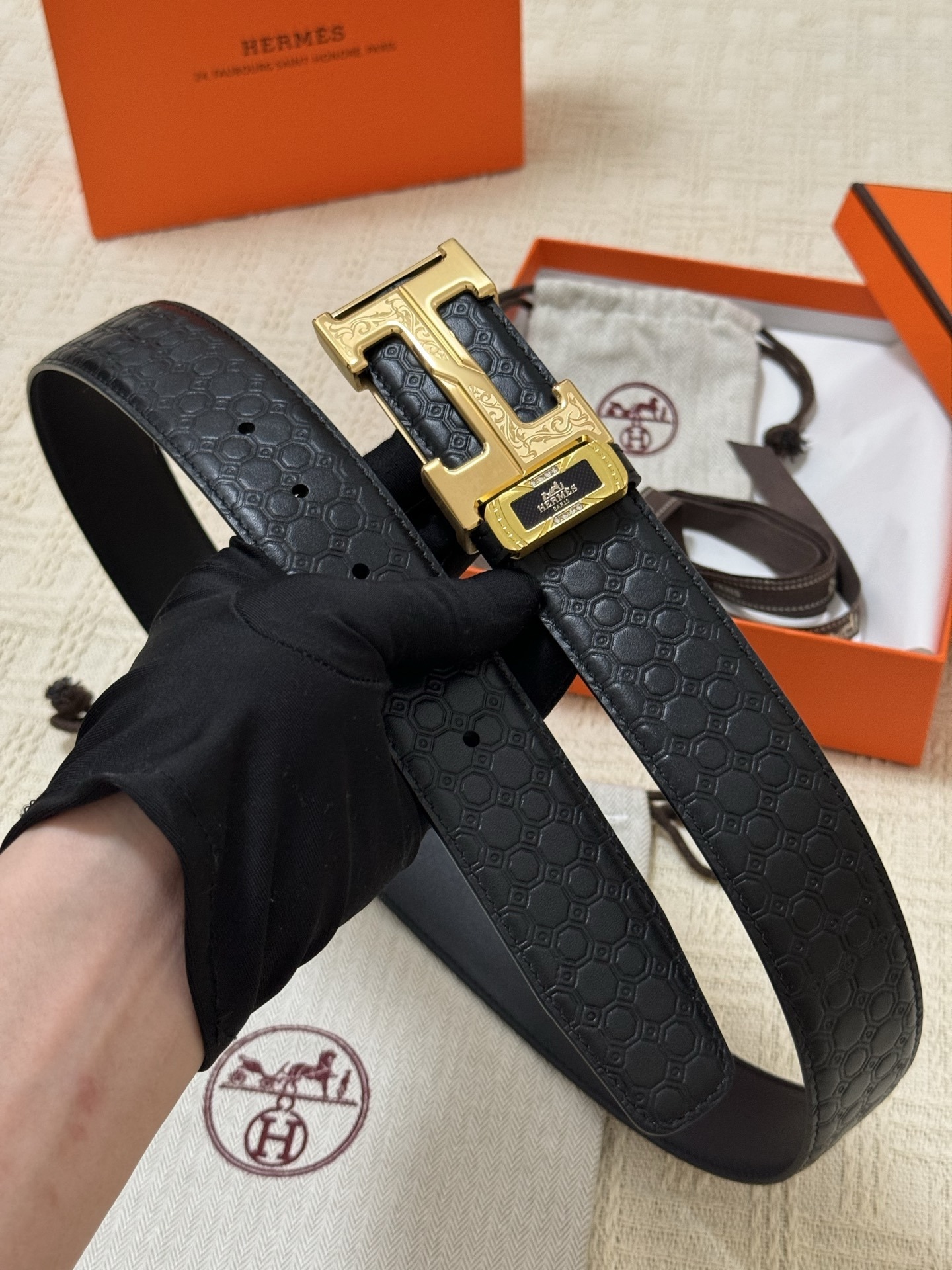 Premium Men's Designer Leather Belt with Gold H Buckle