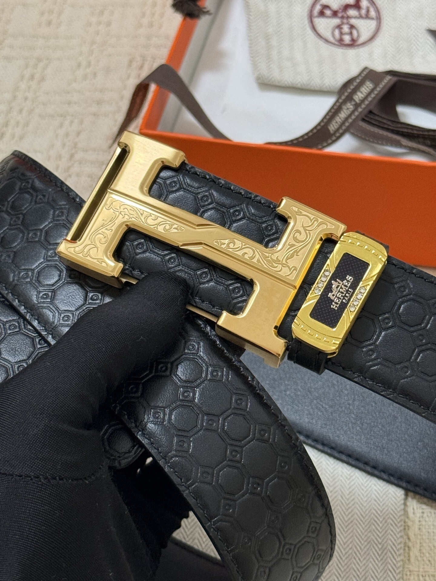 Premium Men's Designer Leather Belt with Gold H Buckle