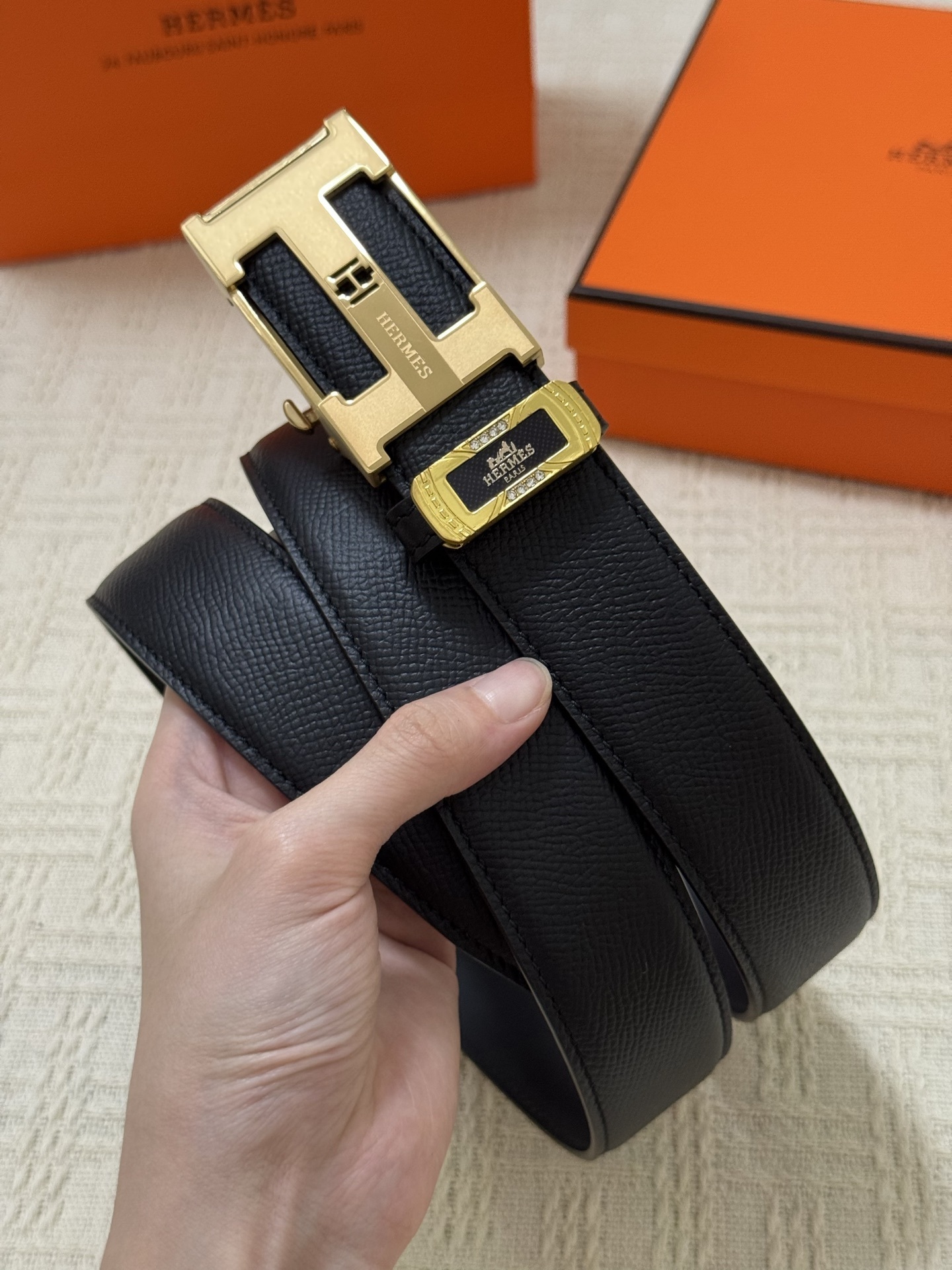 Hermes Men's Black Leather Belt with Gold H Buckle - Luxury Edition