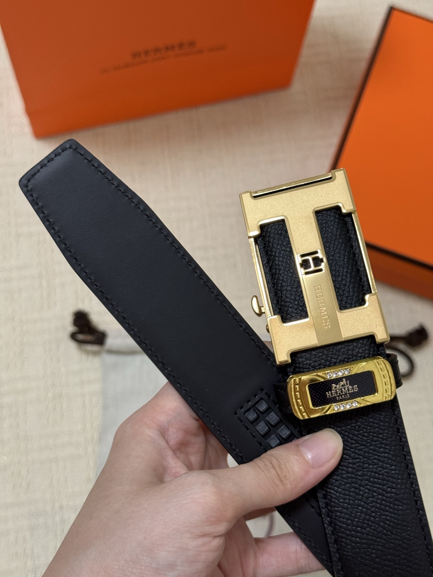 Hermes Men's Black Leather Belt with Gold H Buckle - Luxury Edition