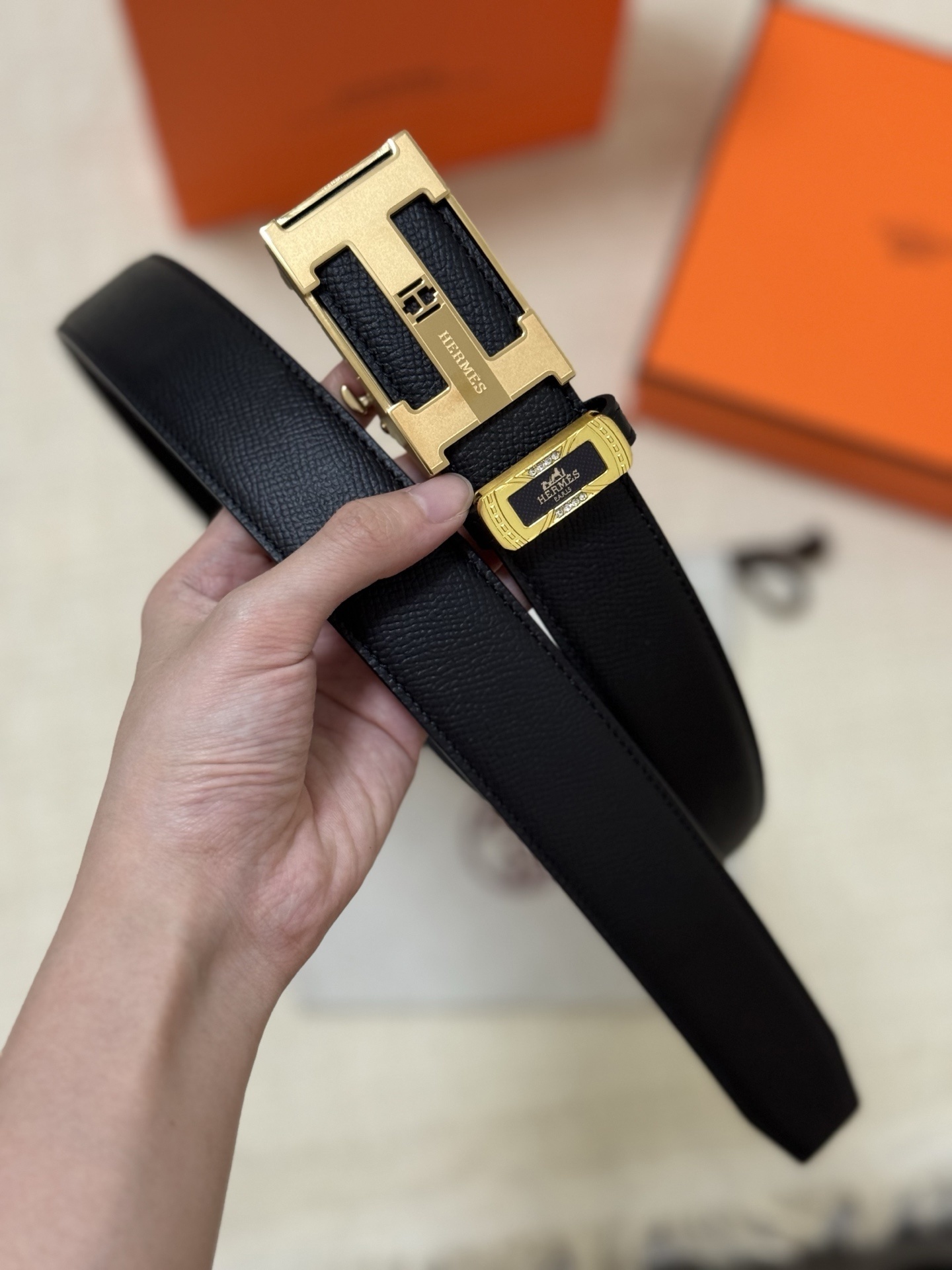 Hermes Men's Black Leather Belt with Gold H Buckle - Luxury Edition
