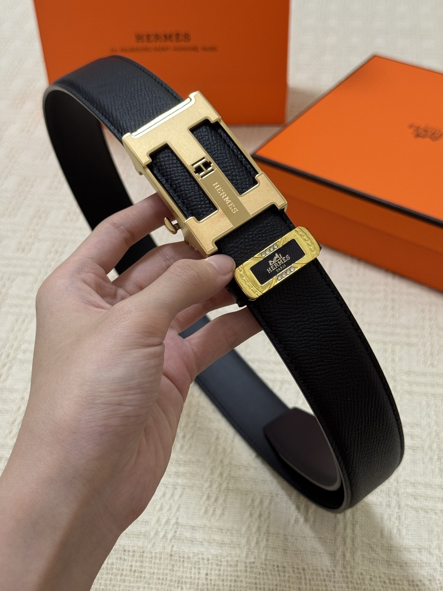Hermes Men's Black Leather Belt with Gold H Buckle - Luxury Edition