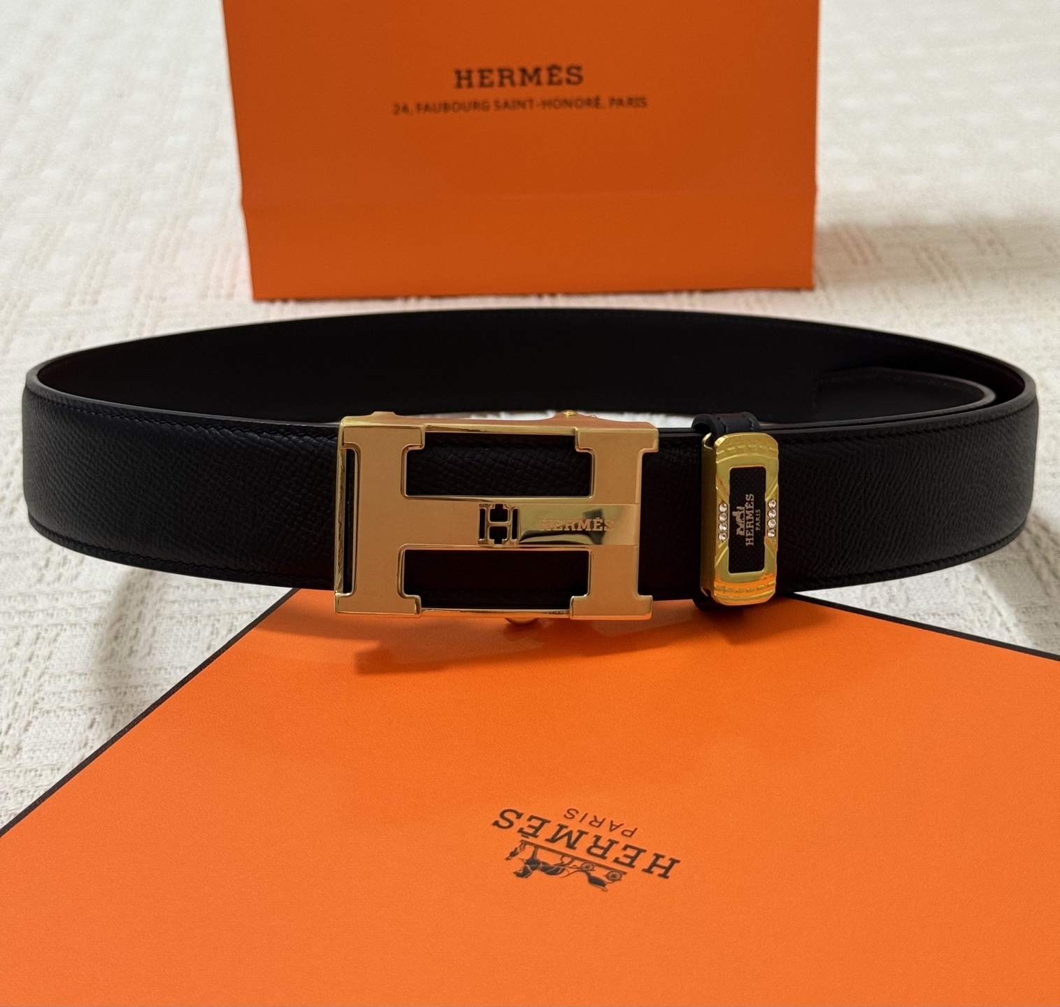Hermes Men's Black Leather Belt with Gold H Buckle - Luxury Edition