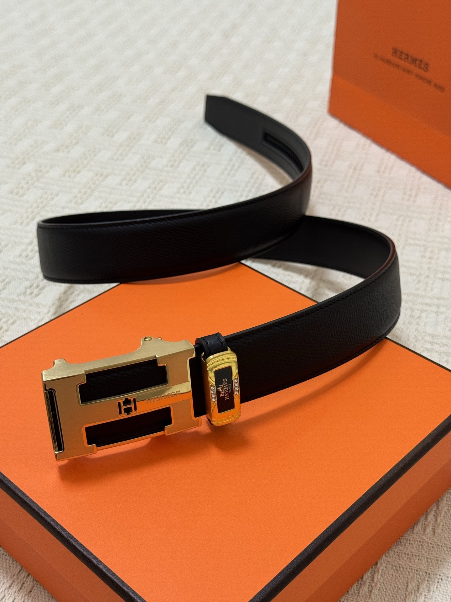 Hermes Men's Black Leather Belt with Gold H Buckle - Luxury Edition