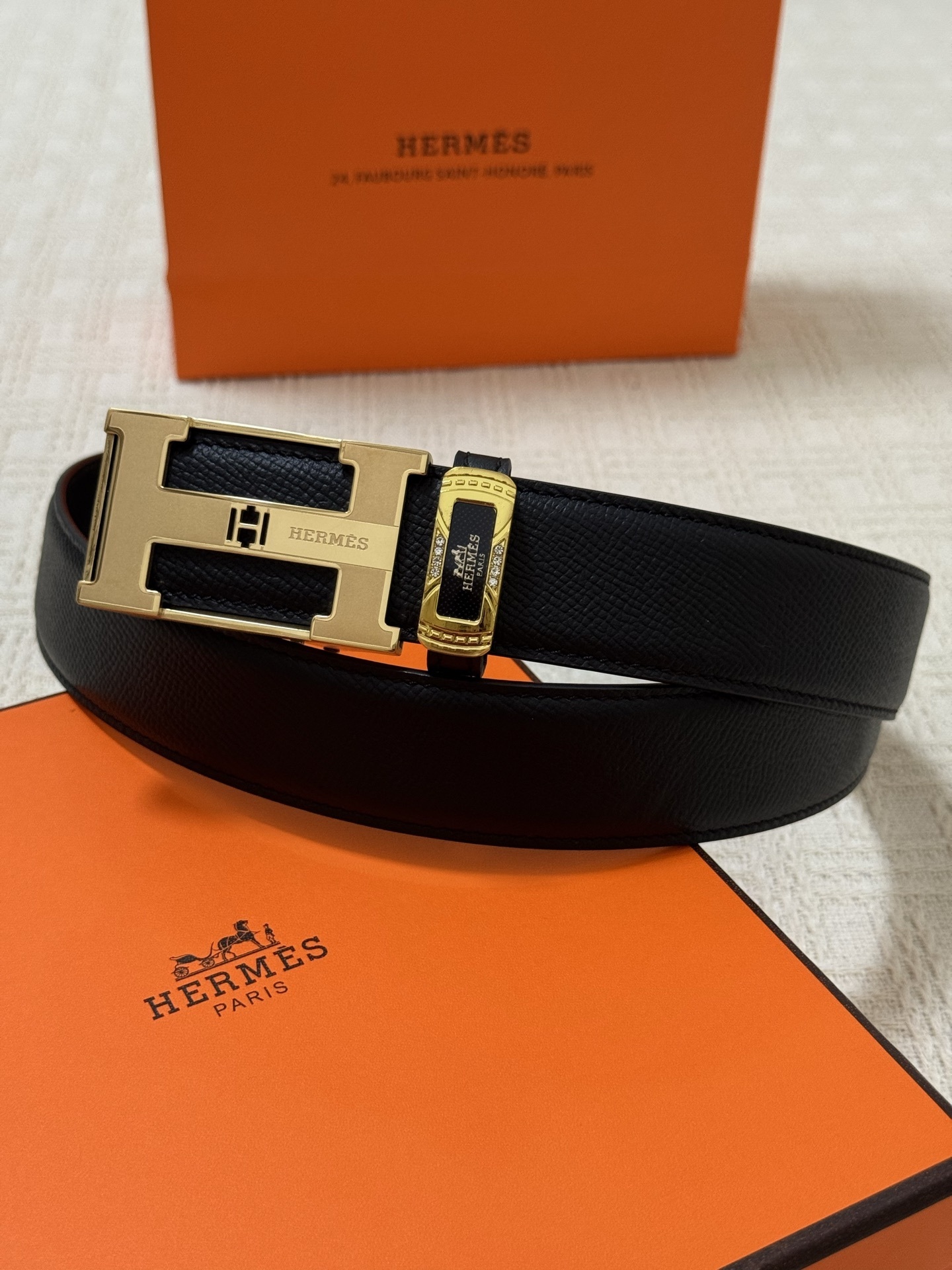 Hermes Men's Black Leather Belt with Gold H Buckle - Luxury Edition